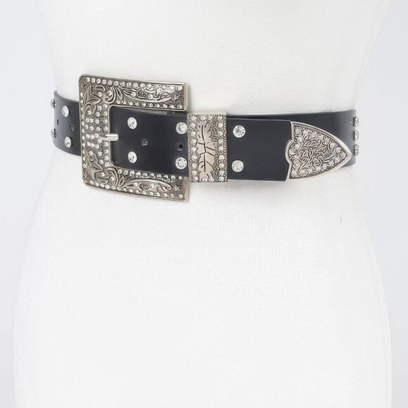Rhinestone Buckle Metallic Plus Size Belt W/chain